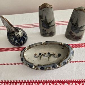 Mexican Folk Tonala Pottery Salt & Pepper, Hen & Ashtray Ken Edwards Set of Four